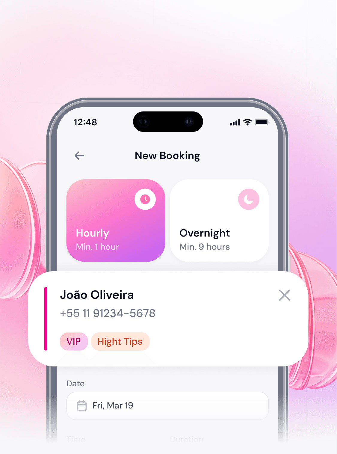 Secretly Organize booking screen showing hourly and overnight options and a selected client