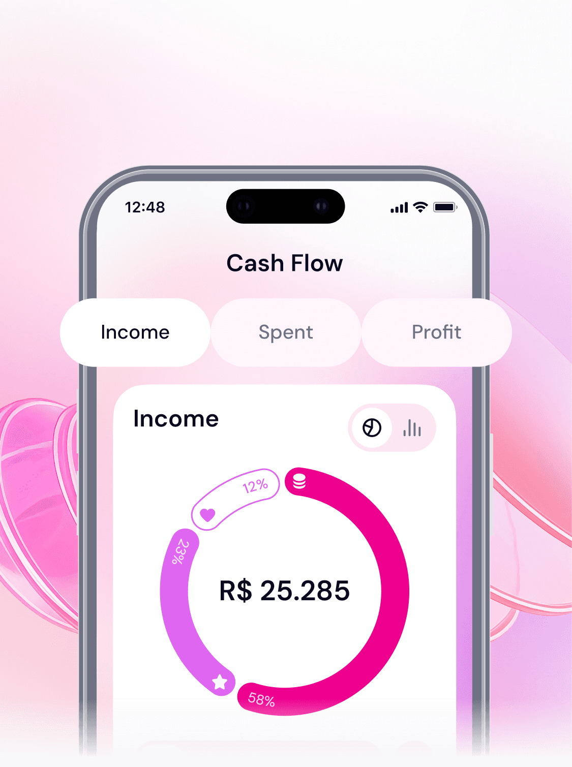 Secretly Organize cash flow screen with an income chart split by client type