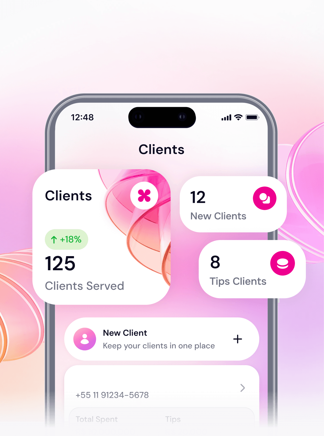 Secretly Organize clients screen with client stats and growth badge